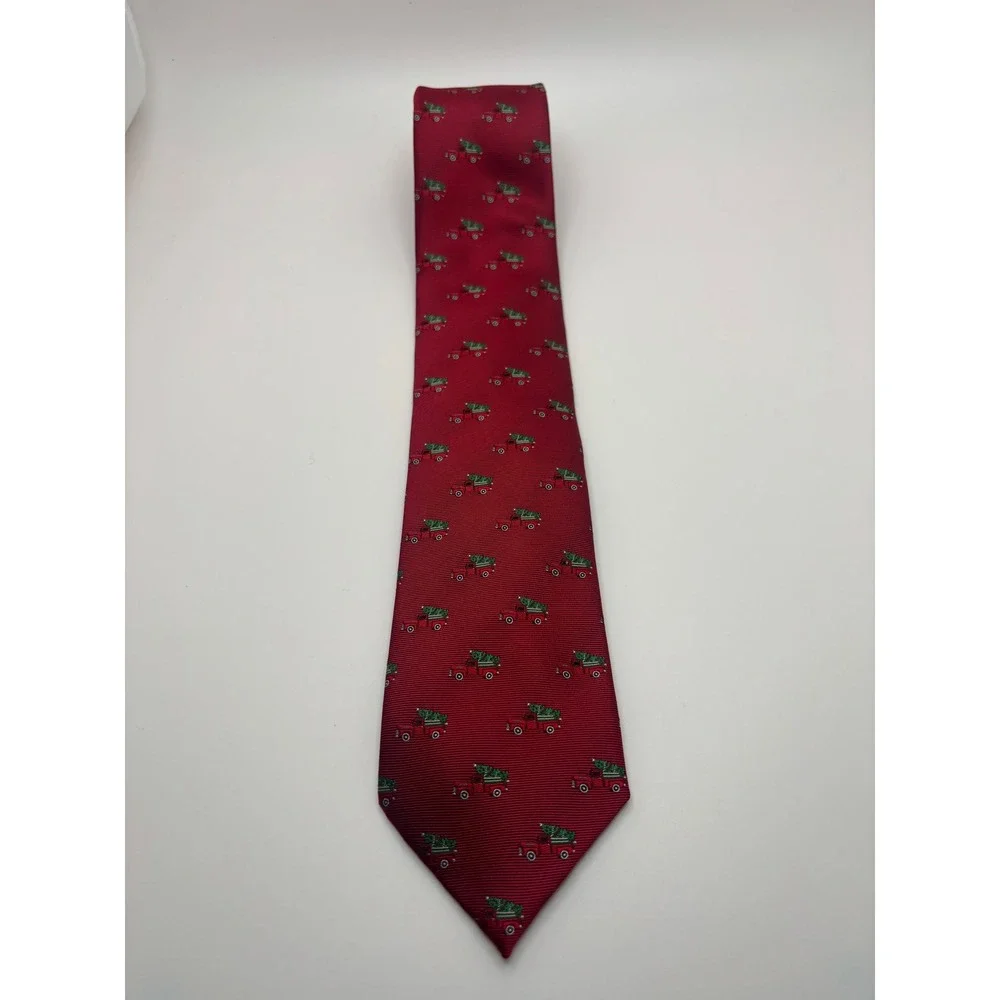 Knotty & Nice Mens Christmas Tie Red Vintage Truck Tree Holiday Necktie Burgundy